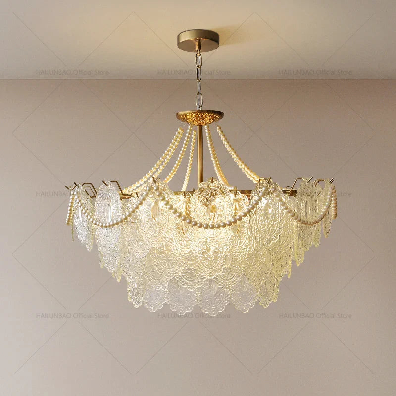 Pearl Crystal Chandelier for Dining Living Bedroom, Elegant French Shell Glass Light