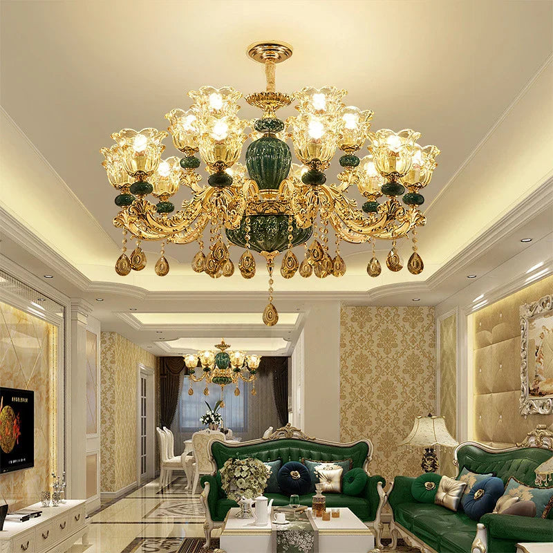 LED Crystal Ceramic Retro Ceiling Chandelier European Style Luxury Lamp