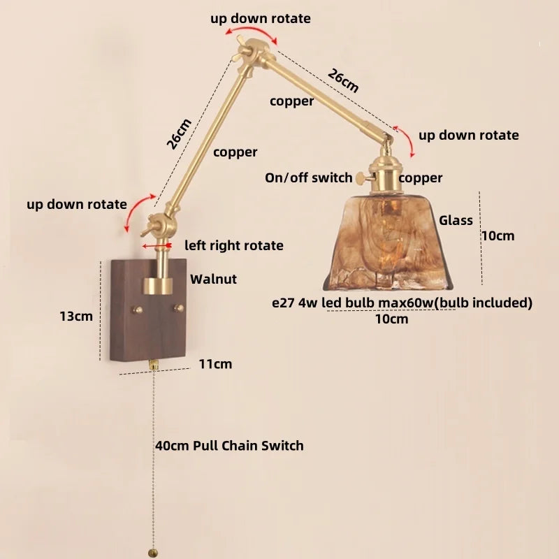 Wood LED Wall Light with Pull Chain Switch & Rotatable Amber Glass