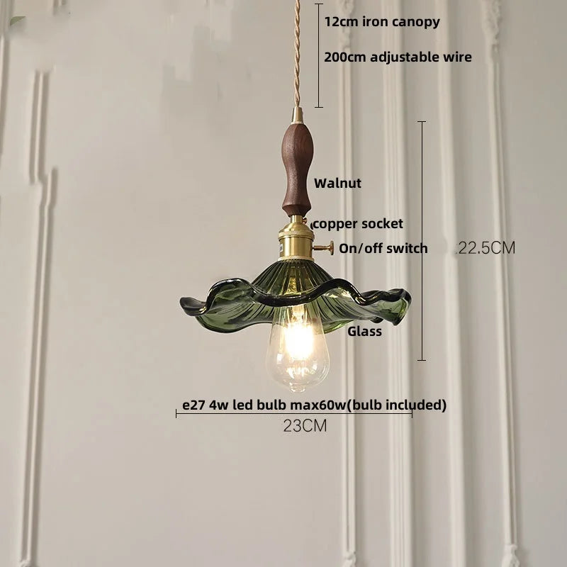 Walnut Wood LED Pendant Light Fixture with Adjustable Green Glass Shade