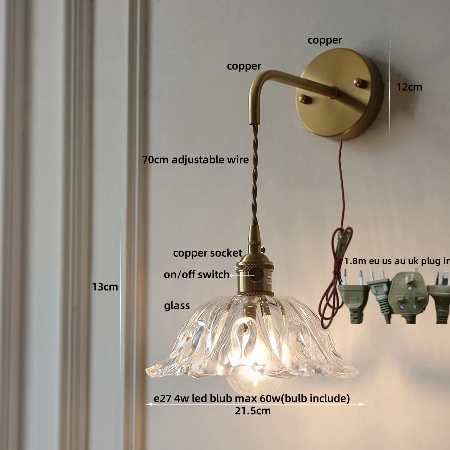Amber Glass LED Wall Sconce, Brass Finish, Adjustable Wire, Modern Nordic Style