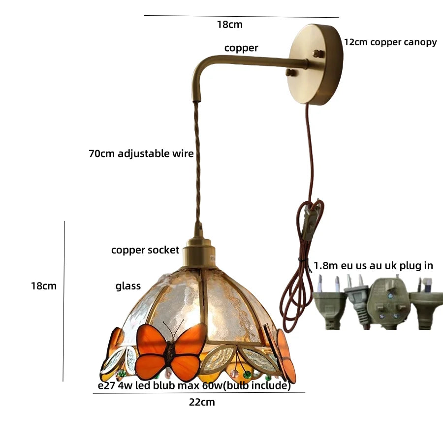 Afralia Tiffany Butterfly Glass Wall Lamp with Adjustable LED Light