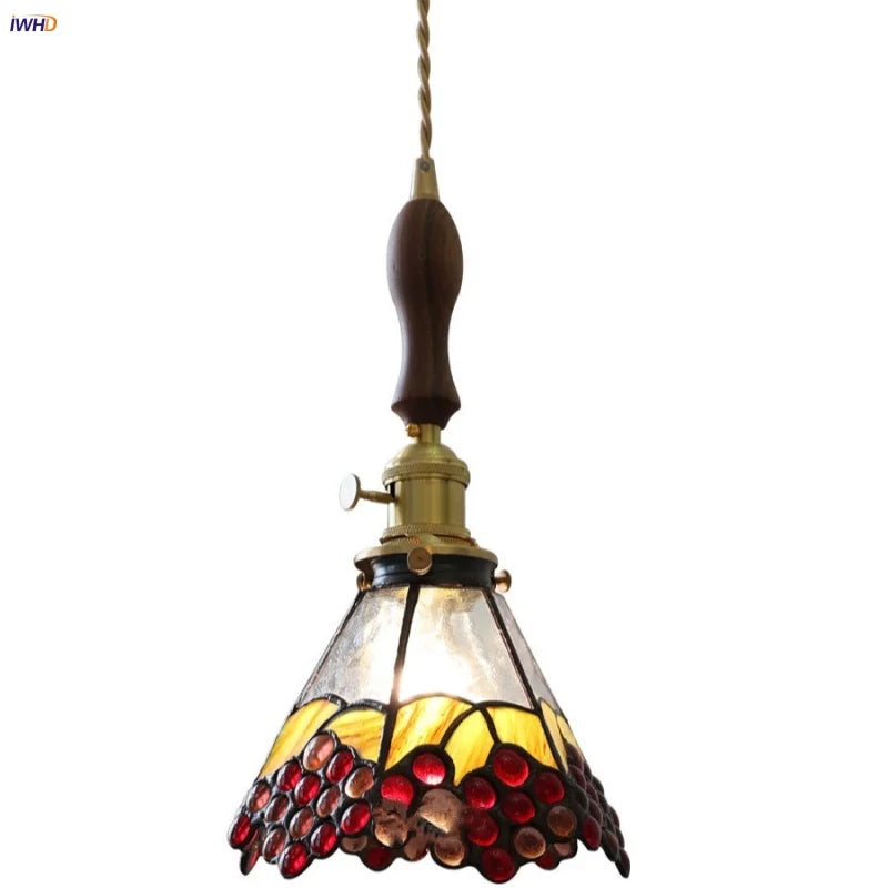 Walnut Wood LED Pendant Light Fixture Wine Red Glass Vintage Brass Hang Lamp