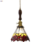 Walnut Wood LED Pendant Light Fixture Wine Red Glass Vintage Brass Hang Lamp