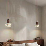Terrazzo Stone Glass Pendant Light Fixture Wood Knob Switch LED Hang Lamp