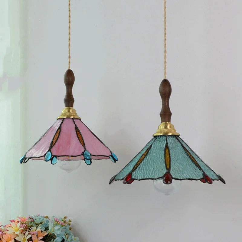 Walnut Wood LED Pendant Tiffany Glass Hanging Lamp - Vintage Dining Room Light