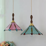 Walnut Wood LED Pendant Tiffany Glass Hanging Lamp - Vintage Dining Room Light