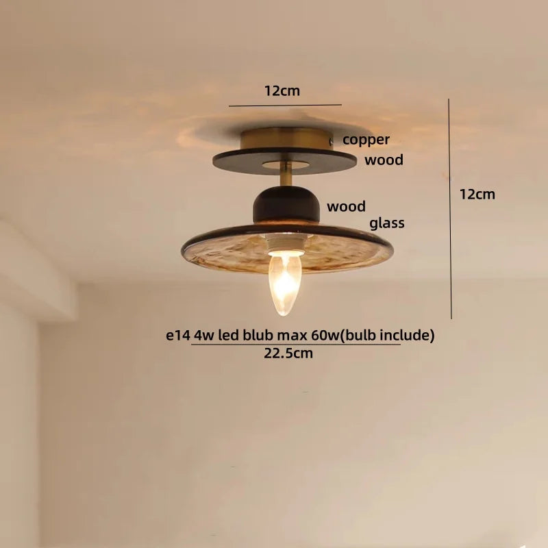 Nordic LED Ceiling Light Amber Glass Wood Brass Flush Mount Lamp