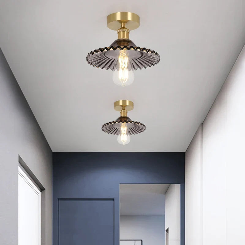 Green Glass Copper Ceiling Light Fixture Balcony Kitchen Modern LED Lamp