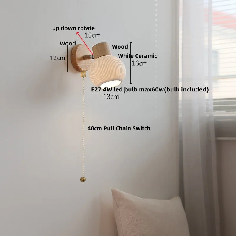Afralia™ White Ceramic LED Wall Light with Pull Chain Switch and Wood Base