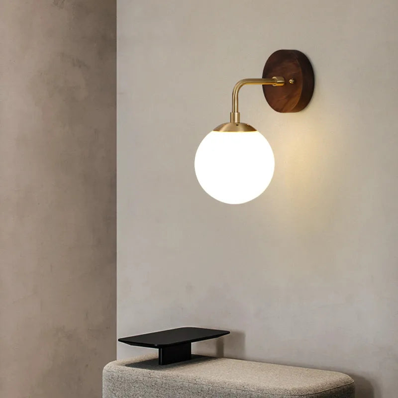 Afralia™ Walnut Wood Glass Wall Light Fixture for Home Decor, Modern Nordic Design