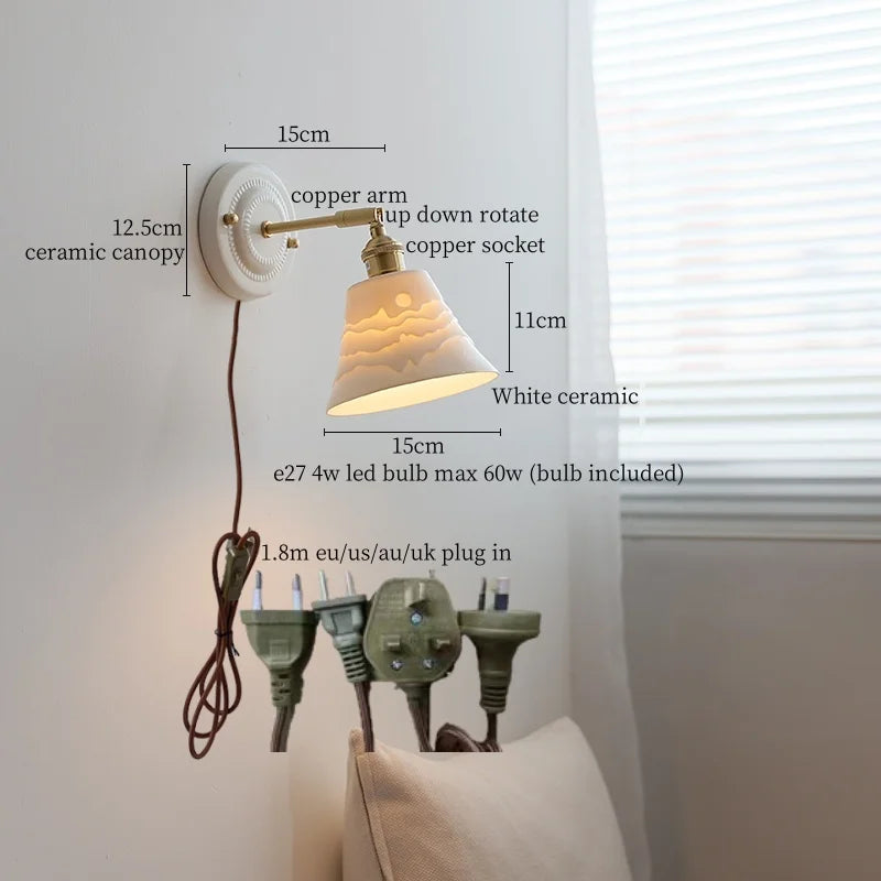 Afralia™ Copper Ceramic LED Wall Lamp with Pull Chain Switch for Stair Living Room
