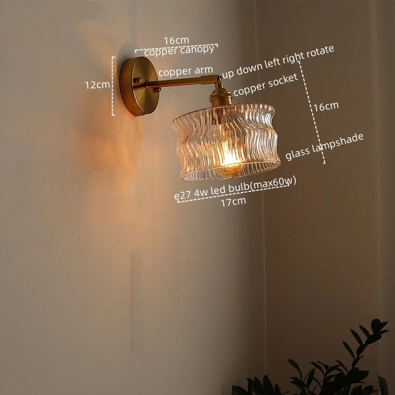 LED Glass Copper Wall Sconce Pull Chain Switch Lamp for Bedroom Living Room