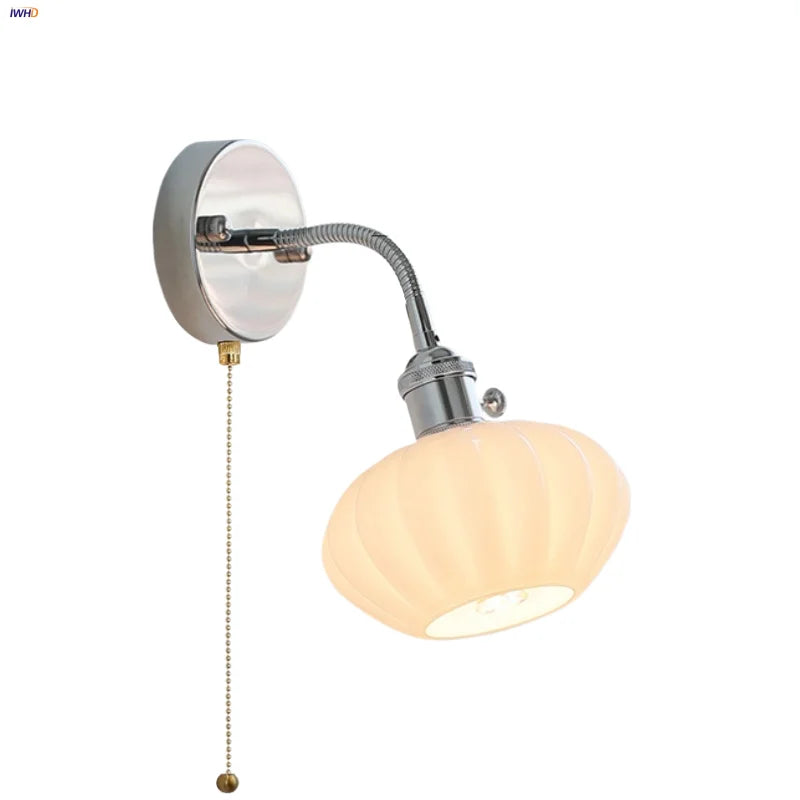 Adjustable Arm LED Wall Light Fixture with Pull Chain Switch, White Glass
