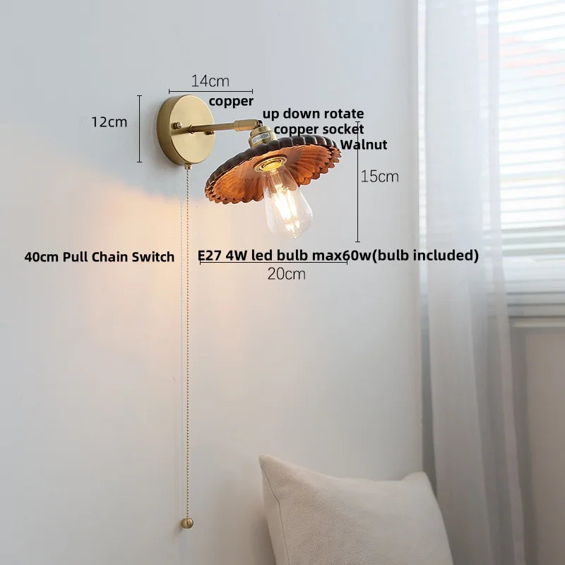 Walnut Wood LED Wall Sconce, Pull Chain Switch, Copper Socket, Bedroom Aisle Hallway