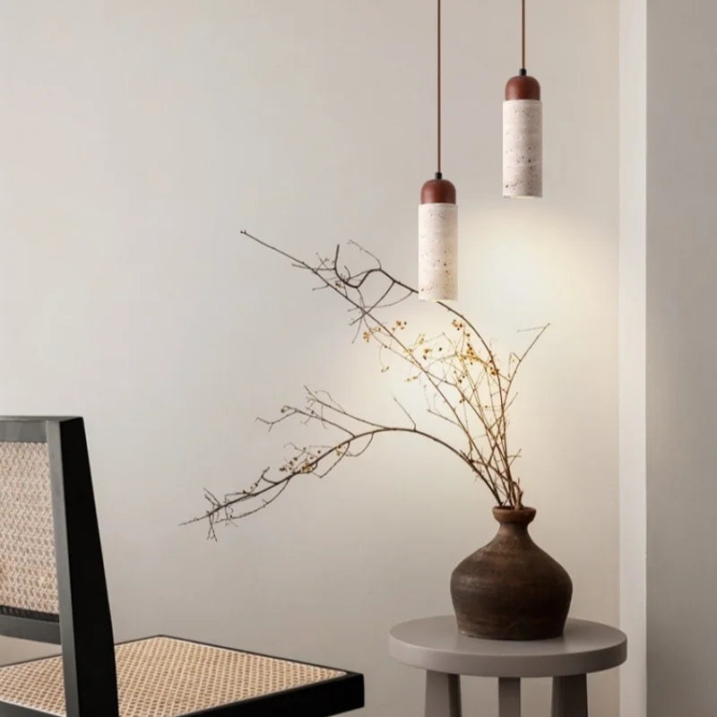 Nordic LED Pendant Lights Yellow Travertine Wood Hanging Lamp