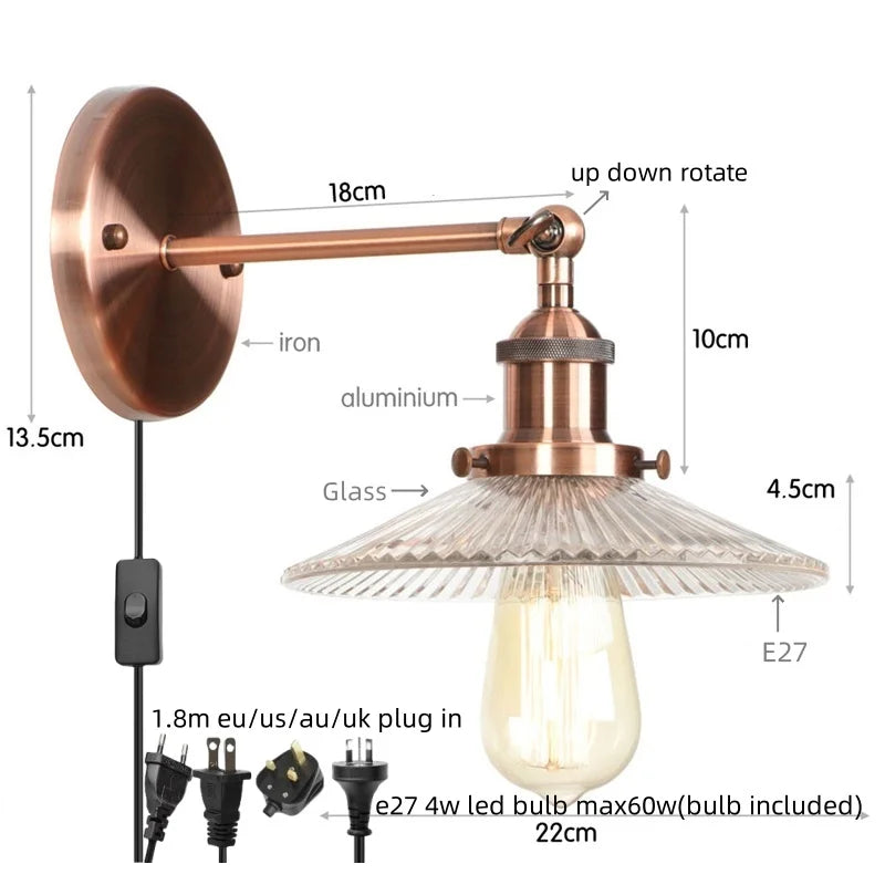Afralia™ Industrial Loft LED Wall Light for Bedroom, Bathroom, Stairs - Plug In Iron Lamp