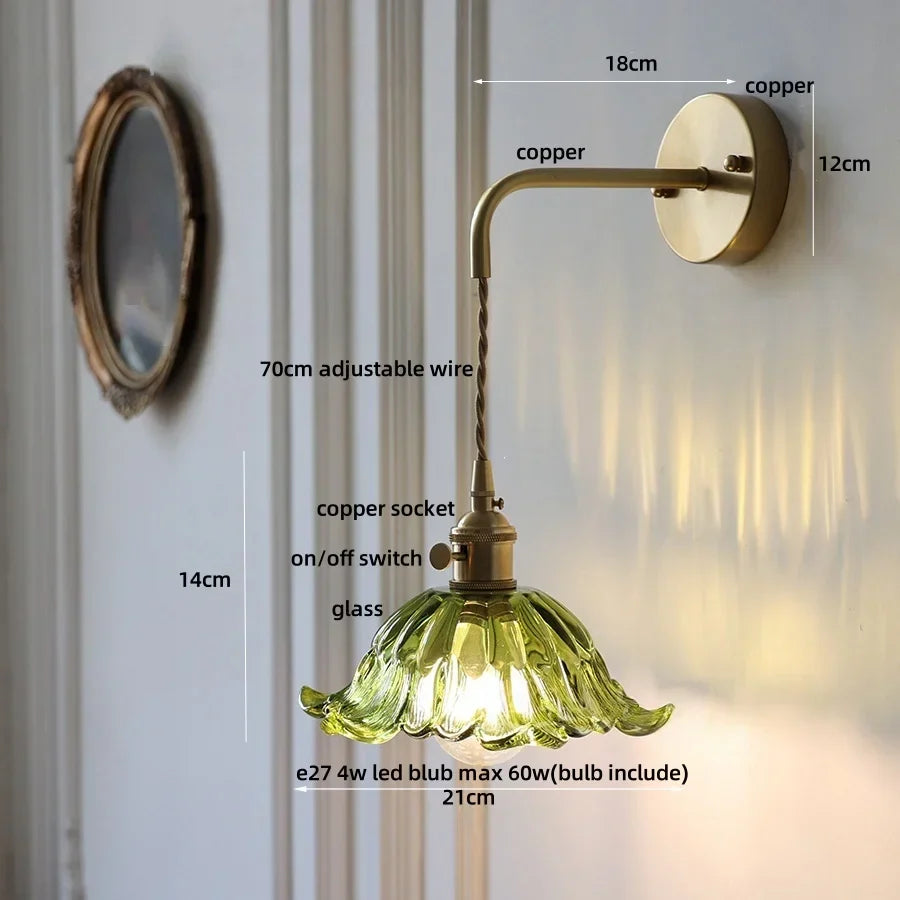 Amber Glass LED Wall Sconce, Brass Finish, Adjustable Wire, Modern Nordic Style