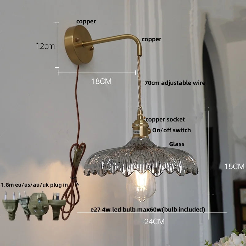 Amber Vintage LED Wall Light Glass Copper Pull Chain Switch Hallway Lamp