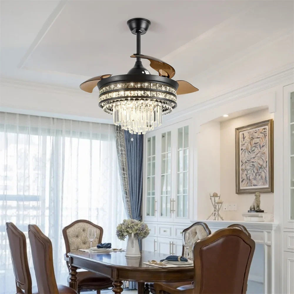 Crystal Fandelier Ceiling Fan with Retractable Chandelier & Invisible Blades