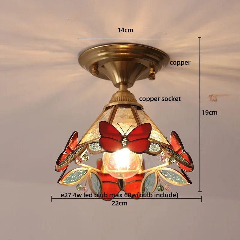 Afralia Wood Copper LED Ceiling Light Amber Glass Plafond Lamp