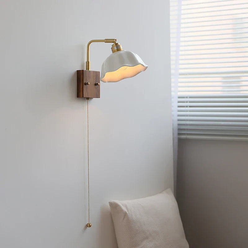 Nordic LED Wall Light Pull Chain Switch Rotatable Walnut Copper Bedside Lamp