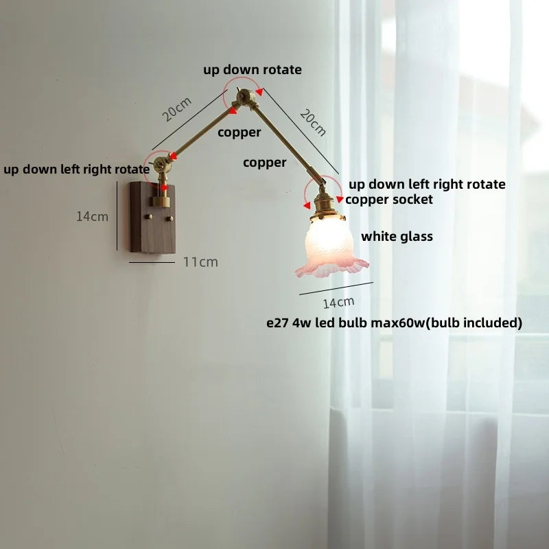 Yellow Glass LED Wall Sconce Walnut Wood Bedside Lamp