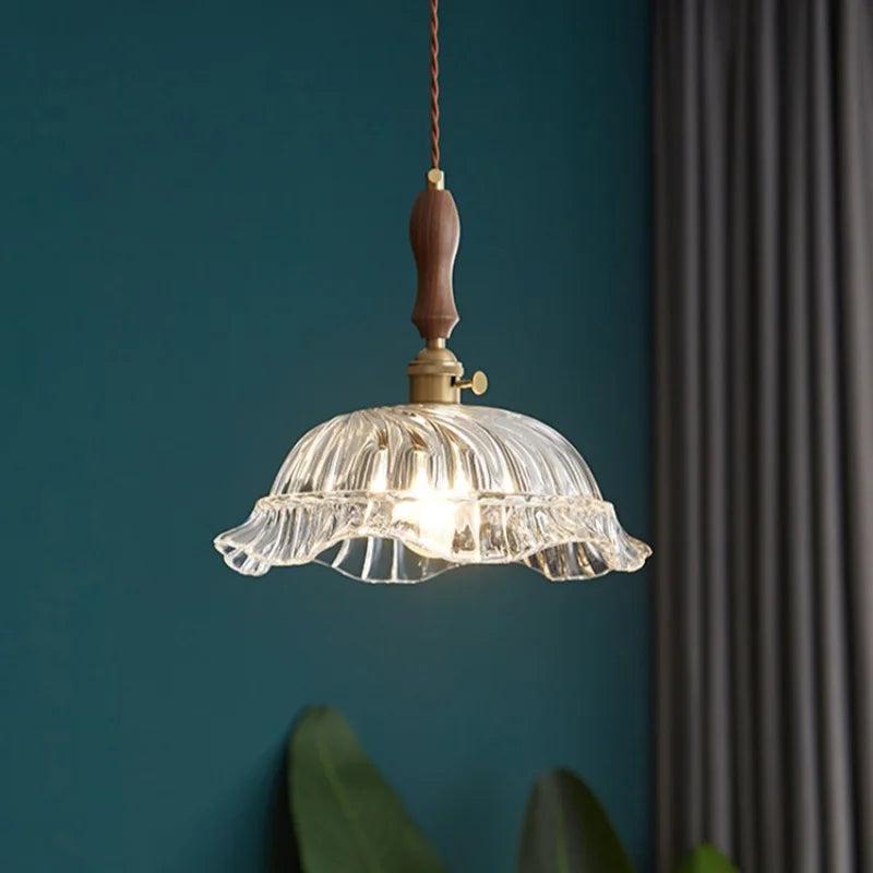 LED Pendant Light Fixture Wood Handle Clear Glass Modern Hanging Lamp