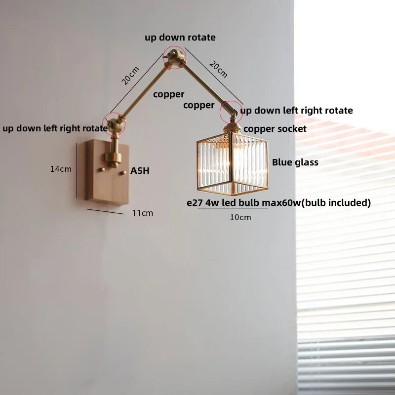 Ash Wood LED Swing Arm Wall Light with Pull Chain Switch & Blue Glass