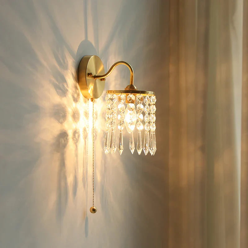 Vintage Crystal LED Wall Lights Pull Chain Switch Copper E14 Stair Fixtures