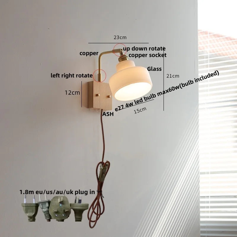 Glass Pink LED Wall Lights Pull Chain Switch Rotatable Sconce Bedside Lamp