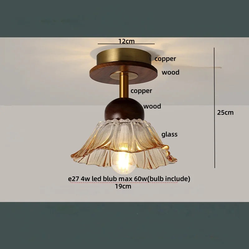Nordic LED Ceiling Light Amber Glass Wood Brass Flush Mount Lamp