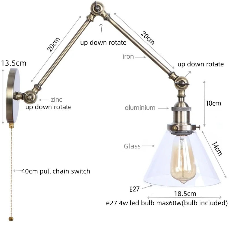 Vintage Industrial LED Wall Light with Clear Glass Shade & Adjustable Long Arm
