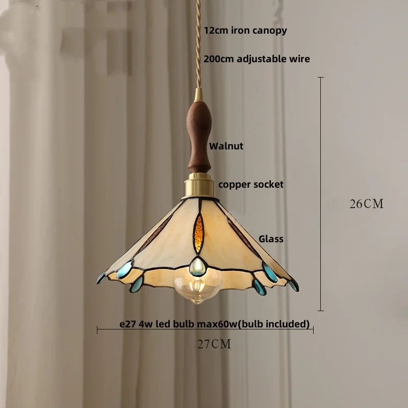 White Glass LED Pendant Light Fixture Walnut Wood Hang Lamp
