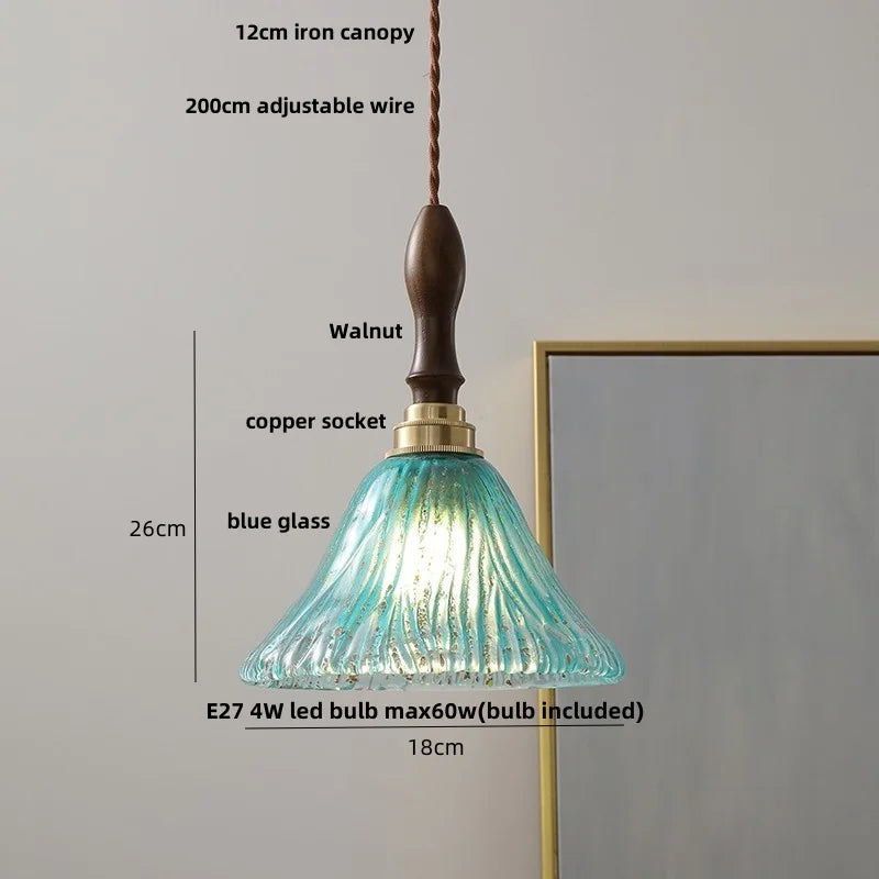 White Glass LED Pendant Light Fixture Walnut Wood Hang Lamp