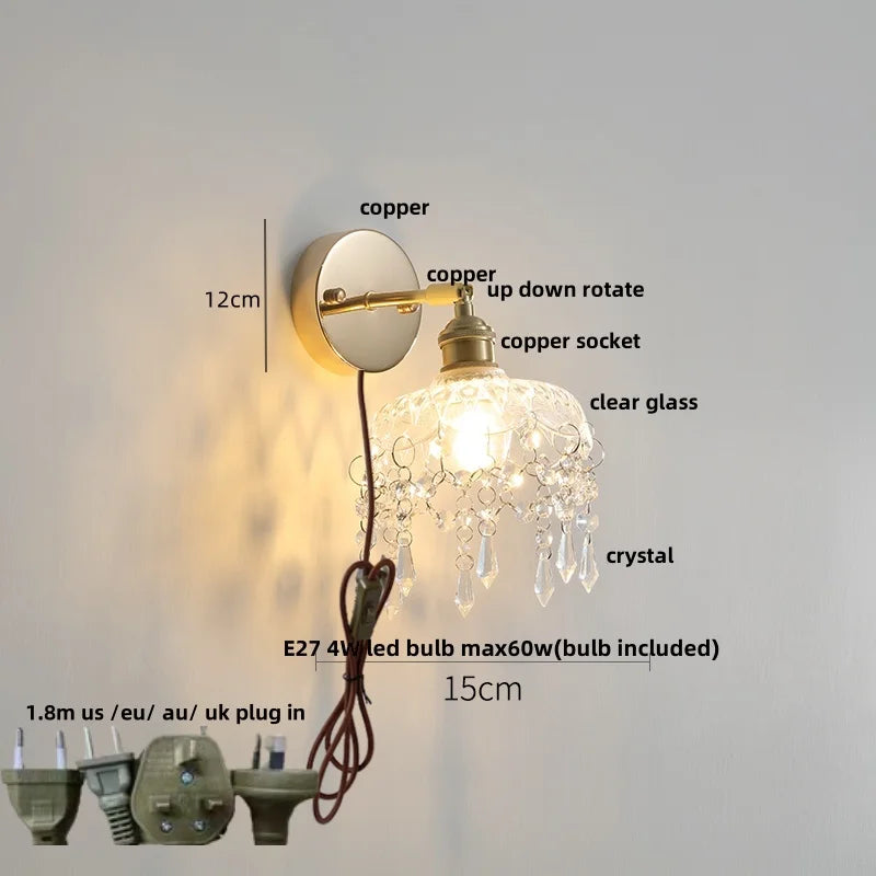 Rotatable LED Wall Sconce Clear Glass Reading Lamp with Pull Chain Switch