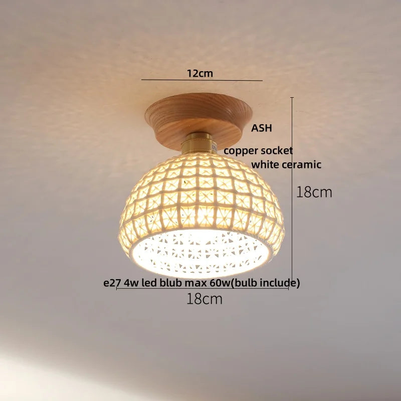 White Ceramic LED Ceiling Lamp Wood Ash Nordic Modern Copper Light