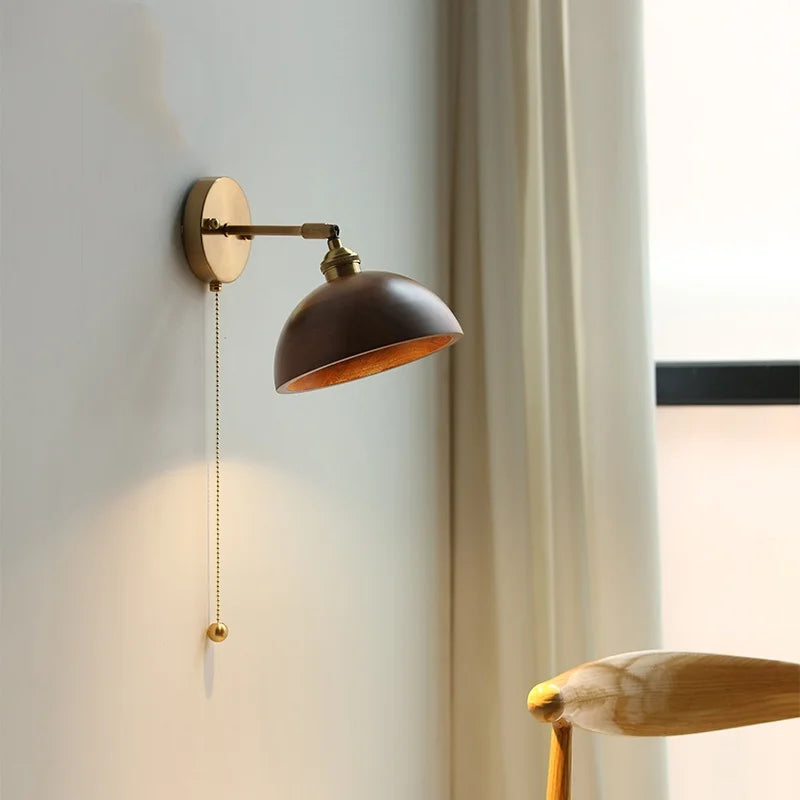 LED Walnut Wood Wall Sconce with Pull Chain Switch