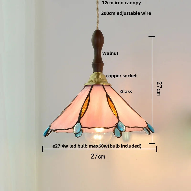 Walnut Wood LED Pendant Tiffany Glass Hanging Lamp - Vintage Dining Room Light