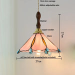 Walnut Wood LED Pendant Tiffany Glass Hanging Lamp - Vintage Dining Room Light