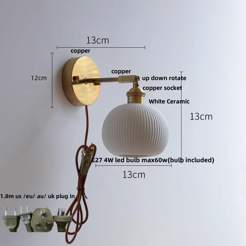 White Ceramic LED Wall Sconce with Pull Chain Switch & Rotate Copper Finish