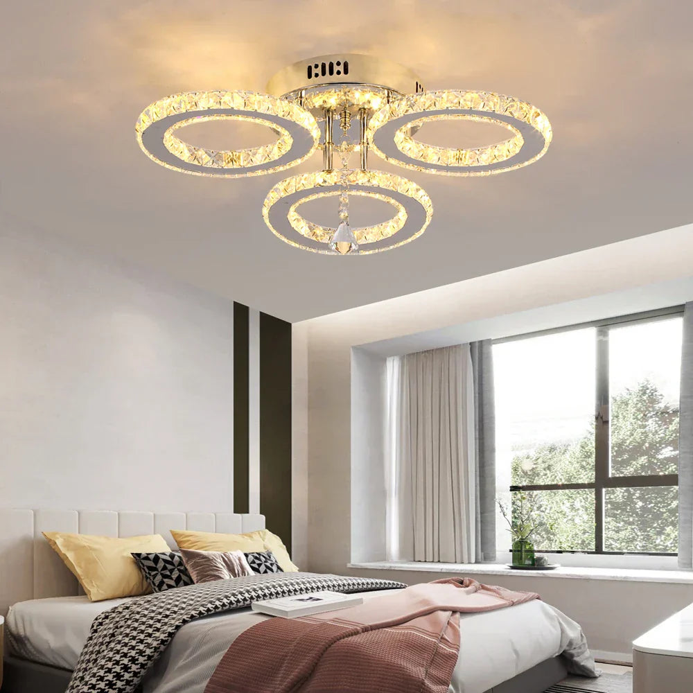 Crystal Chandelier 3Rings Chrome Pendant Light for Bedroom Living Room