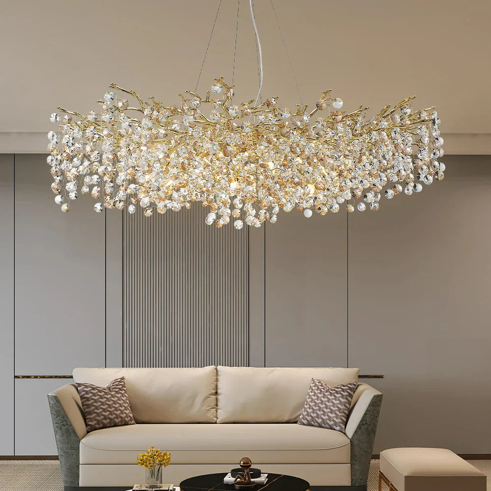 Sun Crystal Gold Lustre Chandelier: Nordic Villa Restaurant LED Ceiling Lamps