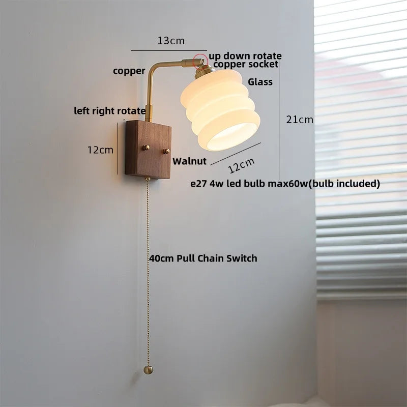 Walnut Wood LED Wall Sconce Rotatable Glass Bedside Lamp Nordic Modern