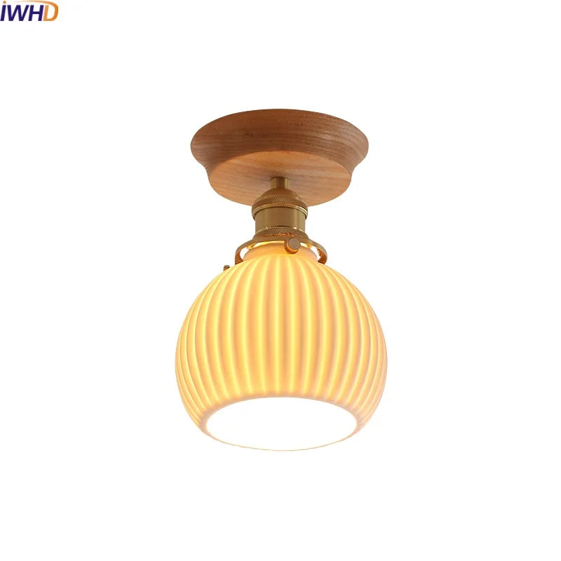 White Ceramic LED Ceiling Light with Wood Canopy for Kitchen and Living Room