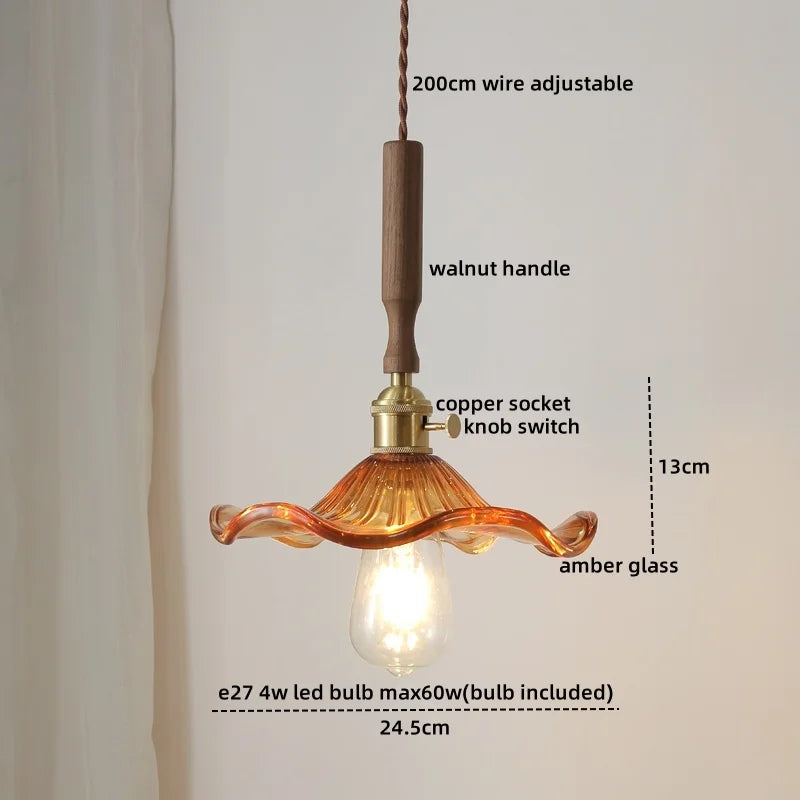 Walnut Glass Pendant Lamp: Nordic LED Hanging Light Fixture for Dining Room, Bedroom, Bar