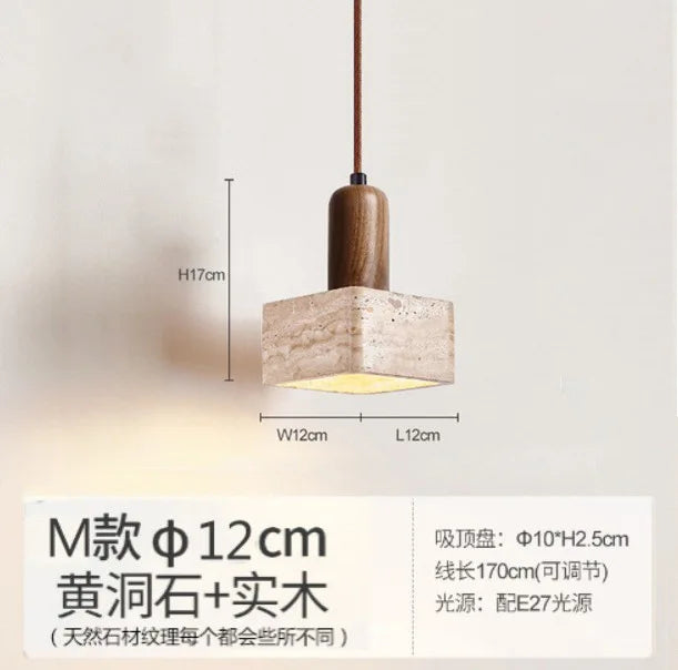 Japanese Wooden Stone Chandelier Pendant Light, Wabi-Sabi Style Yellow Cavity-Stone Lamp