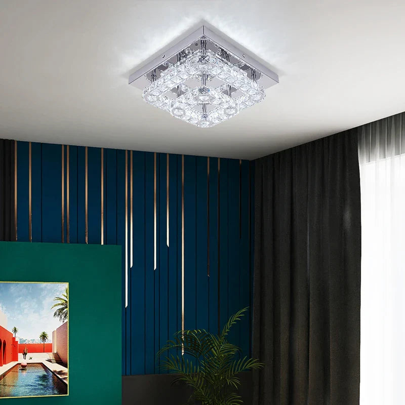 Crystal LED Ceiling Light: Modern Square K9 Chandeliers, Dimmable Stainless Steel Fixture.