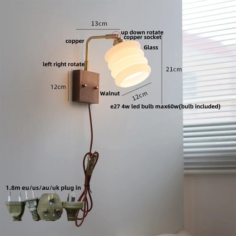 Walnut Wood LED Wall Sconce Rotatable Glass Bedside Lamp Nordic Modern