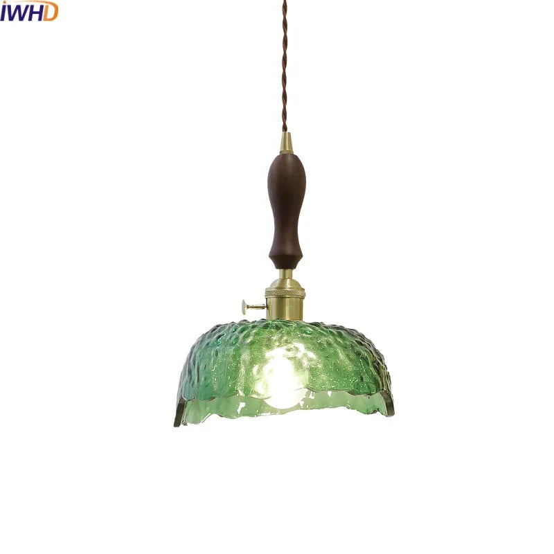 Green Glass LED Pendant Lamp with Knob Switch, Copper Chandelier